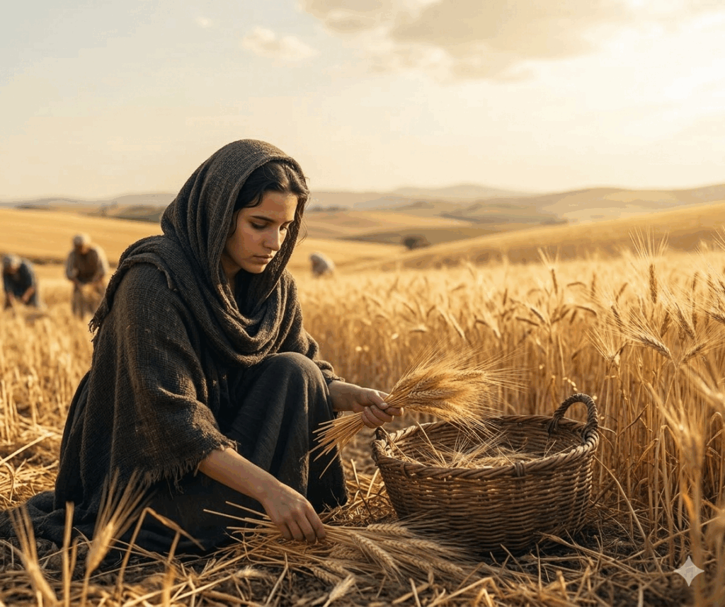 Hình ảnh cô gái Ru-tơ trong sách Ru-tơ đang mót lúa trên cánh đồng vàng, biểu tượng cho hy vọng nảy mầm từ nỗi đau và bài học đức tin.