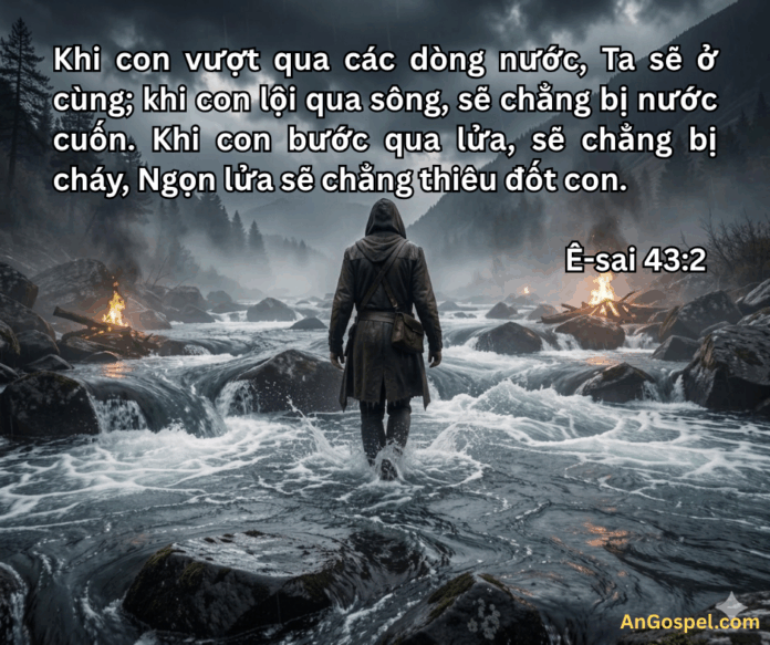Hình ảnh minh họa sự vững vàng bước đi giữa dòng nước dữ theo lời hứa Ê-sai 43:2