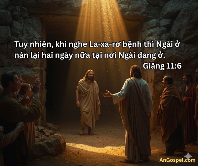 Cảnh Chúa Giê-su phục sinh La-xa-rơ tại cửa ngôi mộ đá với luồng ánh sáng vàng thiêng liêng rực rỡ, minh họa cho thông điệp 
