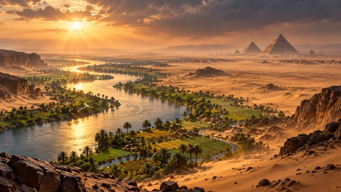 Ai Cập với sông Nile và sa mạc minh họa sự hoang vu được nói đến trong Kinh Thánh